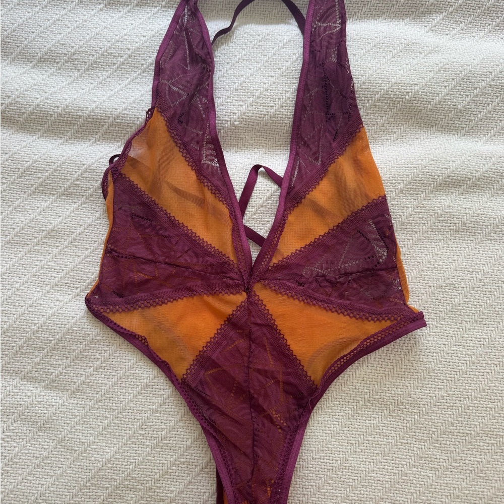 Maroon and Orange Sheer Lace Halter Bodysuit